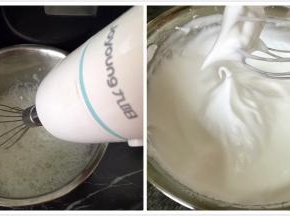 蛋清加2滴醋去除蛋腥味，糖分三次倒入，用电动打蛋器打发，打发出大弯钩即可，打开烤箱170度预热5分钟