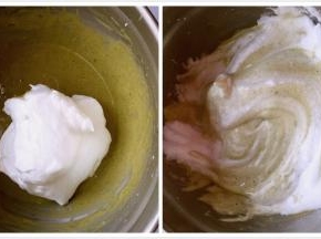 取一半蛋白和蛋黄糊翻拌均匀，再把剩下的蛋白混合翻拌均匀