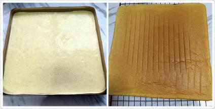 金盘里放入油布，蛋糊倒入模具里，铺平轻震两下，震出大气泡，放入烤箱中层烤20分钟