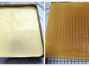 金盘里放入油布，蛋糊倒入模具里，铺平轻震两下，震出大气泡，放入烤箱中层烤20分钟