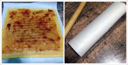 烤好取出晾凉，放入油纸上，抹上草莓果酱，借助擀面棍卷起来，放入冰箱冷藏1个小时