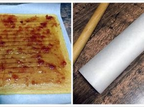 烤好取出晾凉，放入油纸上，抹上草莓果酱，借助擀面棍卷起来，放入冰箱冷藏1个小时