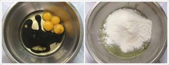 其他食材备齐后，准备两个干净无水无油的盆，将鸡蛋分离，蛋黄里倒入玉米油、菠菜汁用手动打蛋器搅拌均匀，筛入低粉