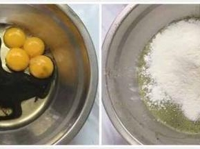 其他食材备齐后，准备两个干净无水无油的盆，将鸡蛋分离，蛋黄里倒入玉米油、菠菜汁用手动打蛋器搅拌均匀，筛入低粉