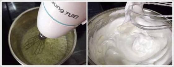 蛋清里加2滴白醋，用电动打蛋器打发，糖分3次加入，打发至硬性发泡，打开烤箱150度预热5分钟