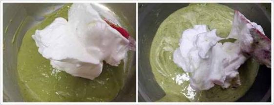 取一半蛋白和蛋黄糊翻拌或切拌手法拌匀，再把剩下的的蛋白翻拌均匀