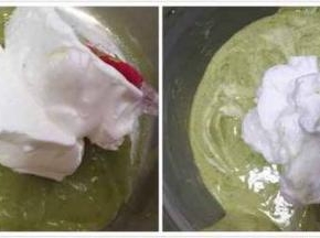 取一半蛋白和蛋黄糊翻拌或切拌手法拌匀，再把剩下的的蛋白翻拌均匀