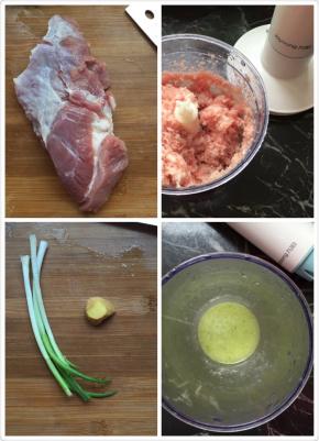 猪肉洗净切小块用料理机打成肉糜，葱姜水就是把葱和姜洗干净加一点水用料理机打成水