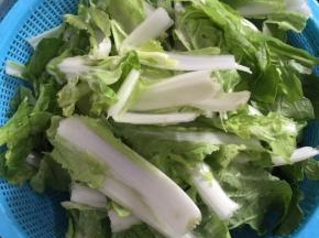 奶白菜用手揪成段儿，清洗干净后，放在淡盐水中浸泡片刻捞起沥干水分备用！

