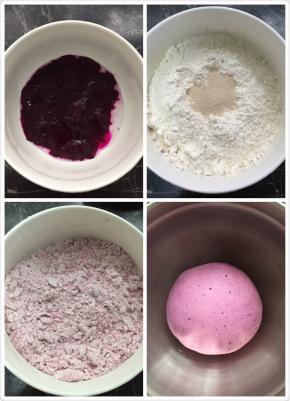 火龙果用料理棒打成泥，加入面粉和酵母和火龙果泥拌匀，再加适量水，水要慢慢的一点一点加入，揉成软硬适中的面团，放在温暖处发酵
