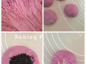 面团发酵至蜜蜂窝状，取出排气分成同等分小蹄子，醒20分钟，
取一面团按扁，中心放入黑芝麻，包起来像包子一样收口