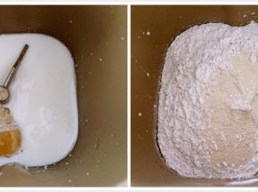 将除玉米油之外的材料，按先液体，后面粉的顺序倒入面包桶里，（顺序是蛋液，牛奶，糖和盐各放一个角落，不能放一起，再倒入面粉，最后倒入酵母）