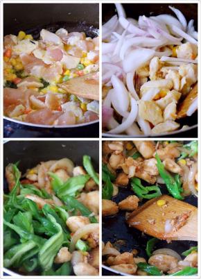 这个时候来做馅料，鸡肉丁我买现成的，洋葱洗净切丝，青椒洗净切成丁，胡萝卜洗净切丁，火腿切丁
热锅倒油，放入鸡肉丁炒变色，倒入洋葱，青椒，加入一点老抽，盐炒匀，全城不要加水，炒好冷却备用