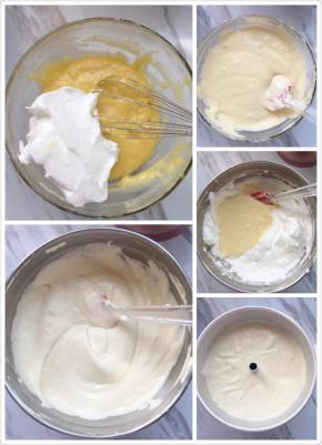 把三分之一的蛋清盛入蛋黄面糊中， 用刮刀用翻拌的手法将面糊搅拌均匀.
将面糊倒入模具中,用刮刀将表面抚平.轻震一下，震出气泡