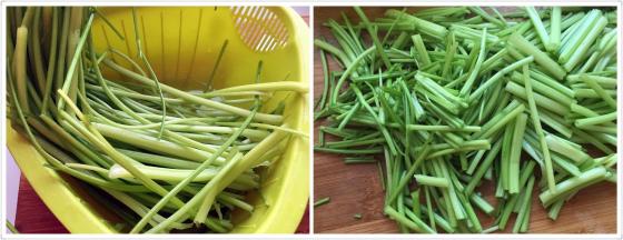 芹菜摘去叶子，洗净切长段，葱洗净切碎