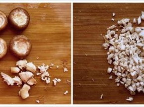 香菇用剪刀剪去香菇根部，保留完好的香菇头，将香菇根部切丁