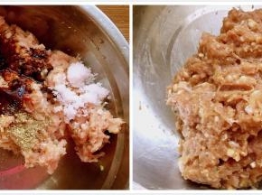 香菇丁倒入肉糜，加入盐，料酒，老抽，蚝油，糖，胡椒粉用筷子一个方向搅上劲