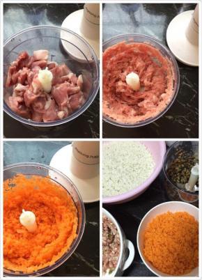 猪肉洗净切块，用料理机打成肉糜，胡萝卜去皮洗净切片，也用料理机打碎，香菇洗净也打碎，葱洗净切碎，糯米洗净温水泡30分钟