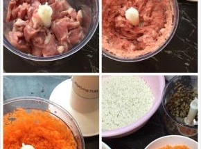 猪肉洗净切块，用料理机打成肉糜，胡萝卜去皮洗净切片，也用料理机打碎，香菇洗净也打碎，葱洗净切碎，糯米洗净温水泡30分钟