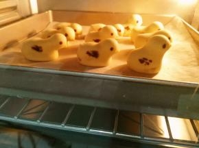 拿掉保鲜膜，将做好的小鸡放入预热好的烤箱，160度，中下层，15分钟，只要看到小鸡头部有点微黄即可