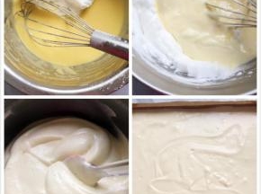 取1/3蛋白放入蛋黄糊中，翻拌均匀后倒入余下的蛋白，继续翻拌均匀，倒入烤盘中，（烤盘中放上一张油纸）从中间向四周推开，表面打至刮平；