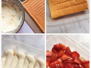 脱模放凉的蛋糕切成盒子大的片状，在盒子底部放入一片蛋糕，挤入一层淡奶油，铺上一层草莓丁，再放一层蛋糕，挤上一层奶油，基本就满盒子了，放入冰箱冷藏保存；