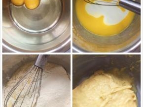 提前把所有材料准备好，鸡蛋也分好装在不同的无油无水的碗里，蛋黄加玉米油搅拌到充分乳化，加入牛奶搅拌均匀，筛入低筋面粉搅拌均匀