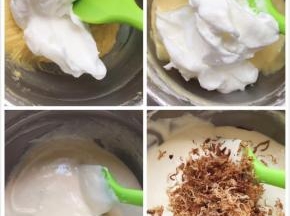 先装三分之一蛋白到蛋黄糊里，然后慢慢压拌均匀，这时候压拌的比较困难是正常的，蛋白打发的好这里不会消泡的哦，再倒回蛋白里继续搅拌均匀
加入肉松继续搅拌一下，让肉松均匀的分布好