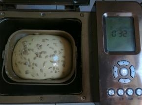 面包二次发酵后，刷上蛋液，撒上瓜子仁。当然，如果你比我还懒，这一步可以省略哈哈～～
