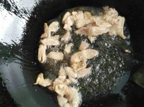 锅里放少许油，小火。下肉片翻炒