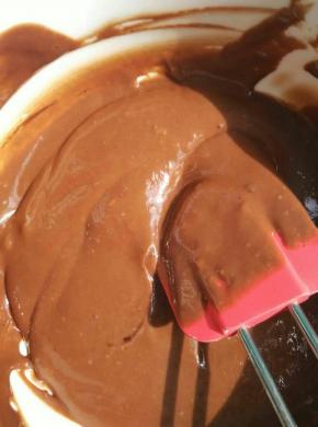 取少许的蛋黄糊里加入红曲粉和少许巧克力酱搅拌均匀后，再加入5克蛋白霜快速搅拌均匀