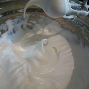 这时候可以用中速慢慢打发，打发到这个程度就可以（把打蛋头拎起来看一下，有微微的弯勾就可以了，不要再继续打发了，以免烤的时候开裂）