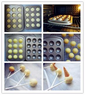 7.两面都挤好后，加有孔洞的那连模具迅速倒扣在另一个上面。
8.放入预热好的烤箱中层，上下火160度烤15分钟左右。具体时间可根据不同烤箱的实际炉温酌情增减。
9.烤好后取出，轻轻颠动几下，取下上盖
10.再把模具倒扣一下，把球形的蛋糕都倒在晾网上晾凉
11.白巧克力倒入窄口深杯中，微波炉加热十几秒，待化成液体后，用扎好纸棒的蛋糕放入滚一下，均匀沾满巧克力后，放在油纸上凝固。
12.将脆皮甜筒的底部切下，趁巧克力尚未完全凝固，放在头部适当位置。