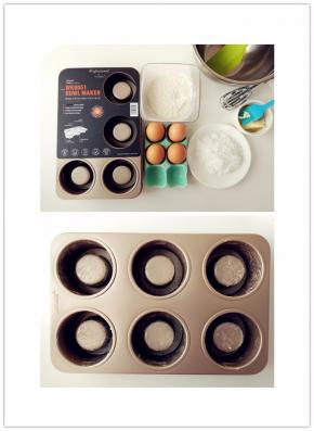 称量好各种材料，准备工具，预热烤箱170度10分钟。将融化的黄油（分量外）用毛刷涂满堡尔美克模具内部，这样更容易脱模