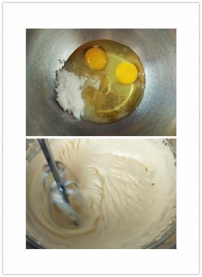 鸡蛋加细砂糖、蜂蜜放入打蛋盆中，用电动打蛋器打发，打发到纹路清晰，提起打蛋器，不会轻易滴落，且滴落的花纹缓慢融合的程度