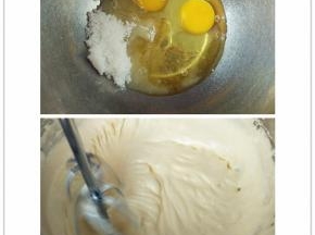 鸡蛋加细砂糖、蜂蜜放入打蛋盆中，用电动打蛋器打发，打发到纹路清晰，提起打蛋器，不会轻易滴落，且滴落的花纹缓慢融合的程度