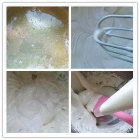 将吉利丁液倒入稍凉的糖浆里，利用余热完全融化，搅匀备用。蛋清中加柠檬汁和主料中标注的细砂糖，用打蛋器打发至硬性发泡，提起打蛋器出现小尖头的状态。将吉利丁液加入打发的蛋清中，高速打发到出现明显花纹。如果吉利丁液凉了变得粘稠了，可稍微小火加热一下，变稀后立刻离火