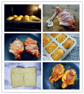 13. 入烤箱中层，上下火150度烤20分钟左右。具体时间和温度要根据不同烤箱实际炉温酌情增减
14. 快烤好的时候，用厨房剪刀将提前用奥尔良腌料腌好的鸡腿去骨
15. 热锅热油，将鸡腿肉放入小火煎。油要少放，因为煎的过程中鸡皮会出油
16. 烤好的汉堡胚取出，趁热倒出晾凉
17. 用面包刀沿水平面将面包剖成两片
18. 这时鸡腿肉也煎好了，盛出备用
19. 将洗好沥净的生菜叶、奶酪片和鸡腿摞起来，挤上沙拉酱或千岛酱
20. 盖上上片即可