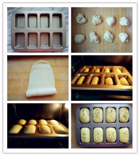 7. 将学厨八连长方形蛋糕模冲洗后擦净备用。不粘效果很好，无需刷黄油
8. 在厨房秤的辅助下，把面团分成八等分
9. 团成球后，用擀面杖擀出气泡，卷起
10. 放入学厨八连长方形蛋糕模中，入烤箱进行二次发酵
11. 发酵到2倍大小
12. 用蛋黄加少许水，涂抹表面后，撒少许芝麻