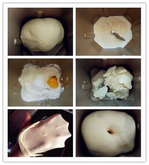 常温或冷藏的牛奶（或等量的水）倒入面包机桶内，加入酵母粉
2. 用高筋粉盖住整个牛奶的液面，再加入细砂糖、盐和鸡蛋，选择一个揉面程序
3. 完成后，在光滑的面团里加入室温软化的黄油，重复一个揉面程序
4. 揉至黄油被完全吸收，形成手套膜的状态后，选择发酵程序执行
5. 直到发酵到两倍大，用手指扎个洞，不回缩塌陷的状态
6. 重新选择揉面程序后执行，完成后醒面20分钟