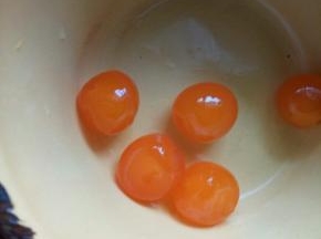 将咸鸭蛋全部打在一个碗里。用手捞出蛋黄，把包在蛋黄外面的一层衣剥掉，不然会很腥的。