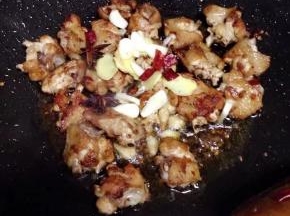 加入大蒜片，姜片，干椒辣、八角2个炒均。