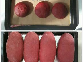取出面团，分割成六份，滚圆，盖上保鲜膜松弛20分钟，将小面团擀开，抹上麻薯均匀放上蔓越莓卷住，收紧口放入烤盘，放入预热到38度的烤箱内，进行二次发酵约40分钟至两倍大。放一盘80度热水在烤箱中制造蒸汽，使面包表皮不至干硬