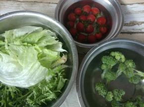 西兰花、西生菜、小番茄、苦菊分别洗净，放进淡盐水浸泡5——8分钟。