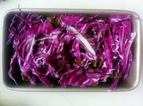 面包上面再放满煎好的香肠，再铺切好的紫橄榄丝，均匀倒入打散的鸡蛋。