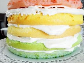 裱花台上放一张蛋糕托，取蓝色的蛋糕胚放在蛋糕托上，抹一层奶油霜，再取绿色的蛋糕胚，抹一层奶油霜，再取原味的蛋糕胚，抹一层奶油霜，再取黄色的蛋糕胚，抹一层奶油霜，再取红色的蛋糕胚，抹一层奶油霜，从上到下颜色分别是：红，黄，原，绿，蓝