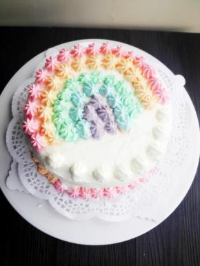 没用完的红色奶油霜再挤入碗中，挤入一滴黄色素，翻拌均匀，橙色奶油霜完成，裱花袋中放入橙色奶油霜，在红色小星星内，挤橙色小星星，底部再挤十个小星星；取少量奶油霜，挤入一滴绿色素，翻拌均匀，即绿色奶油霜完成，绿色奶油霜放入裱花袋，在橙色小星星内，挤绿色小星星，底部再挤十个小星星；取少量奶油霜，挤入一滴蓝色素，翻拌均匀，即蓝色奶油霜完成，蓝色奶油霜放入裱花袋，在绿色小星星内，挤蓝色小星星，底部再挤十个小星星；没用完的蓝色奶油霜挤入盆中，滴入一滴红色素，翻拌均匀，即紫色奶油霜完成，紫色奶油霜放入裱花袋，在蓝色小星星内，挤紫色小星星，底部再挤十个小星星，取干净裱花袋，放入一个大的八齿裱花嘴，放入少量无色奶油霜，在没有小星星的半边，挤下几粒奶油霜即可。