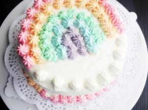 没用完的红色奶油霜再挤入碗中，挤入一滴黄色素，翻拌均匀，橙色奶油霜完成，裱花袋中放入橙色奶油霜，在红色小星星内，挤橙色小星星，底部再挤十个小星星；取少量奶油霜，挤入一滴绿色素，翻拌均匀，即绿色奶油霜完成，绿色奶油霜放入裱花袋，在橙色小星星内，挤绿色小星星，底部再挤十个小星星；取少量奶油霜，挤入一滴蓝色素，翻拌均匀，即蓝色奶油霜完成，蓝色奶油霜放入裱花袋，在绿色小星星内，挤蓝色小星星，底部再挤十个小星星；没用完的蓝色奶油霜挤入盆中，滴入一滴红色素，翻拌均匀，即紫色奶油霜完成，紫色奶油霜放入裱花袋，在蓝色小星星内，挤紫色小星星，底部再挤十个小星星，取干净裱花袋，放入一个大的八齿裱花嘴，放入少量无色奶油霜，在没有小星星的半边，挤下几粒奶油霜即可。