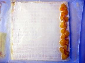 将蛋糕体放在油纸上，表面抹少许淡奶油，将切碎的黄桃快铺在一边，在图中黄桃块左边再抹少许奶油，形成一个坡度，这样卷起后不会有空隙