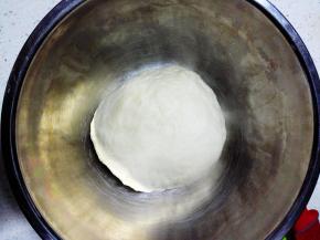 取出和好的面团，揉匀后，放入盆内，盖上保鲜膜，放入冰箱冷藏发酵至2-2.5倍大小，约22小时